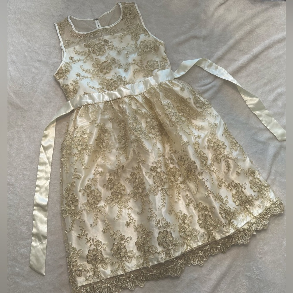 Girls’ CRB girl cream and gold party/special occasion dress, size 14.